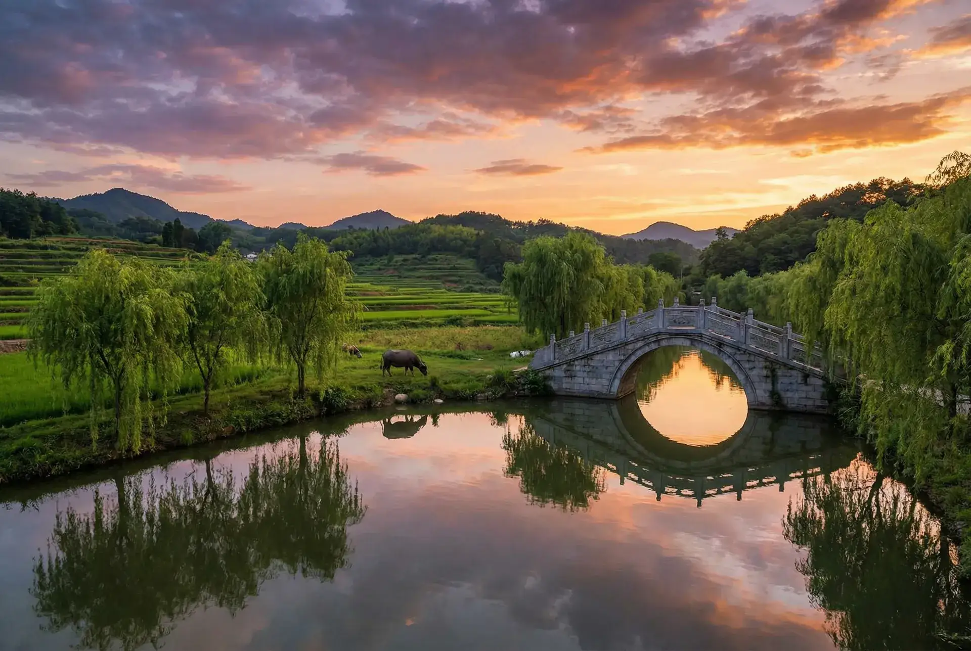 夕阳下的石拱桥与垂柳，水牛在河边吃草 - 大红包在线观看免费完整版 乡村美景